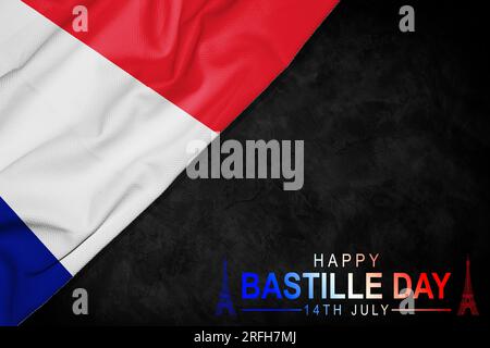 14 July Bastille day flyer, banner or poster. Holiday background with waving flag in man`s hand and map. Vector flat illustration. Stock Photo